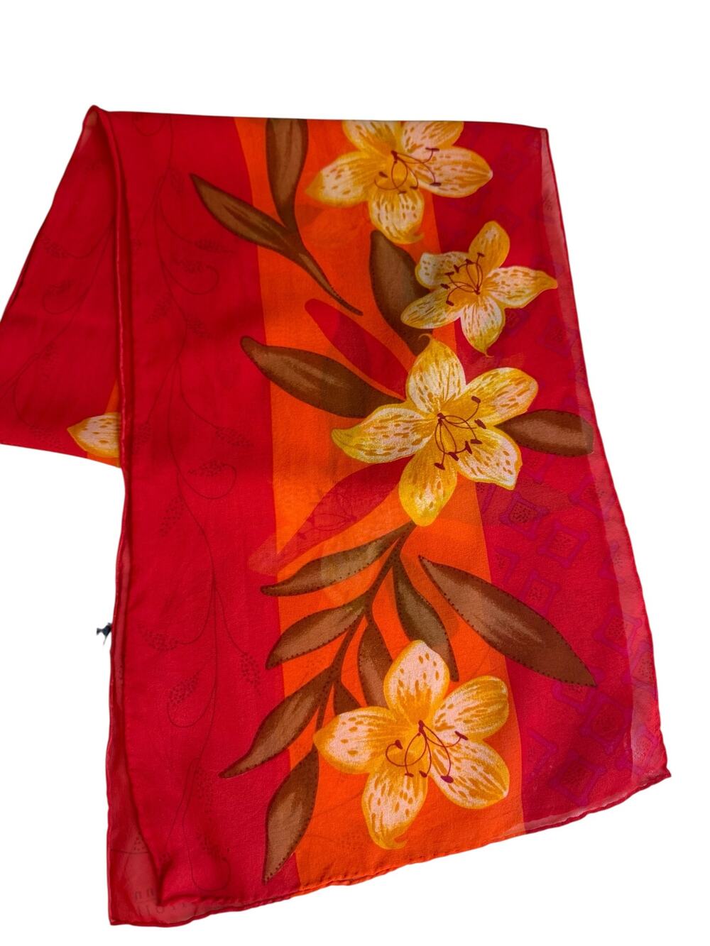 Vintage Diahann Carroll Silk Chiffon Rectangular Neck Scarf Red Lilly Print